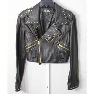 Blue Pearl Leather Motorcycle Jacket BLACK w/ Gold Studs sz. XS